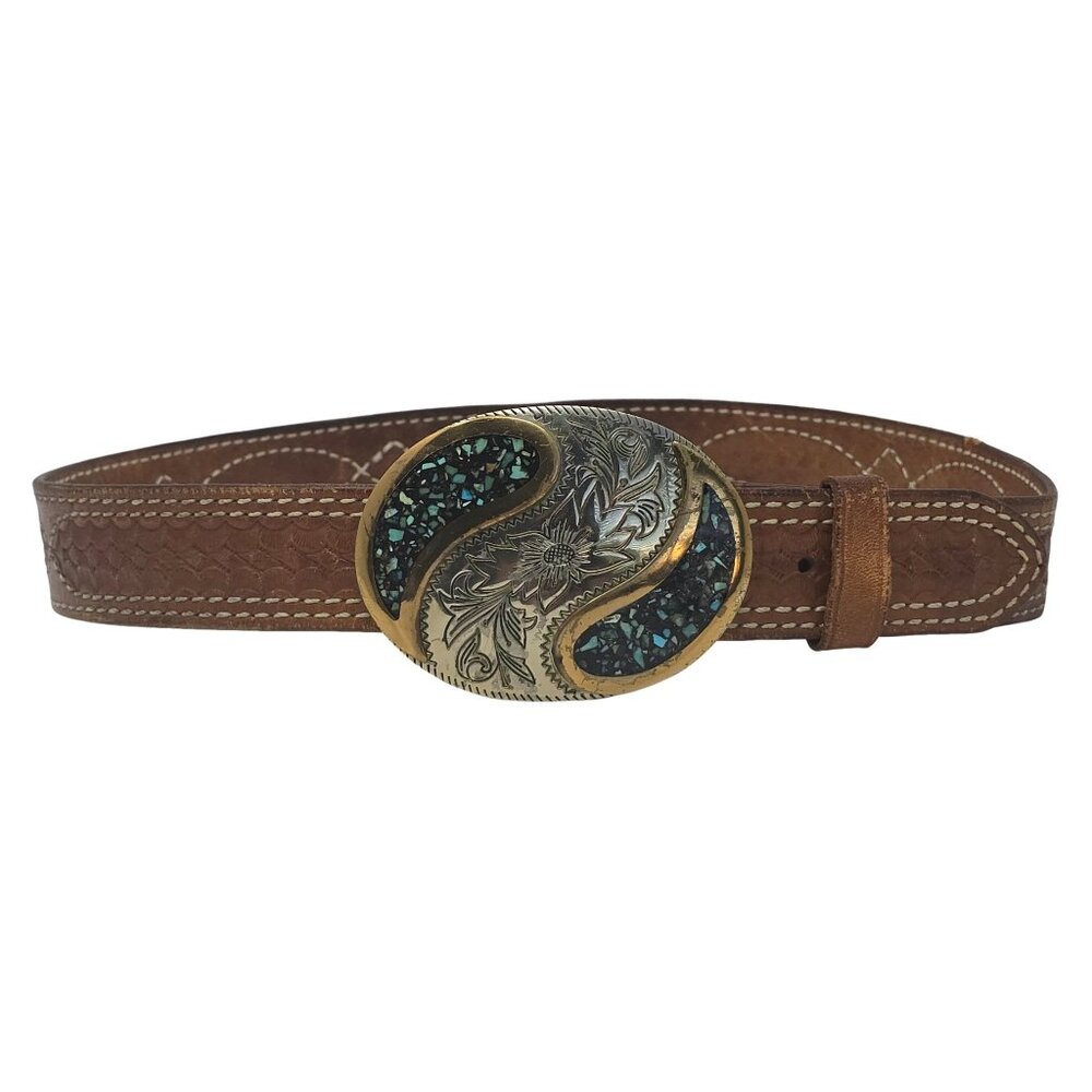 Triple K Tooled Leather Belt with German Silver and Turquoise Western Buckle 34